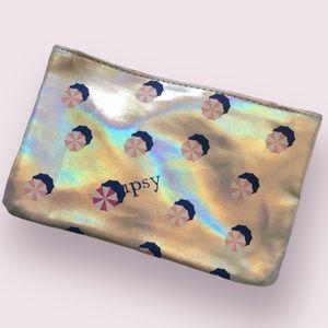 Ipsy Makeup Bag Silver Pink Umbrella Iridescent Pouch Zipper Carrier Travel